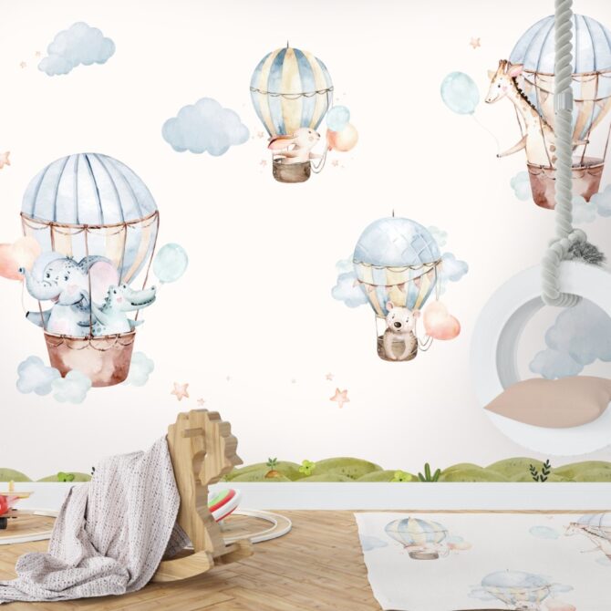 Cute Animals On Hot Air Balloon Kids Room Wallpaper